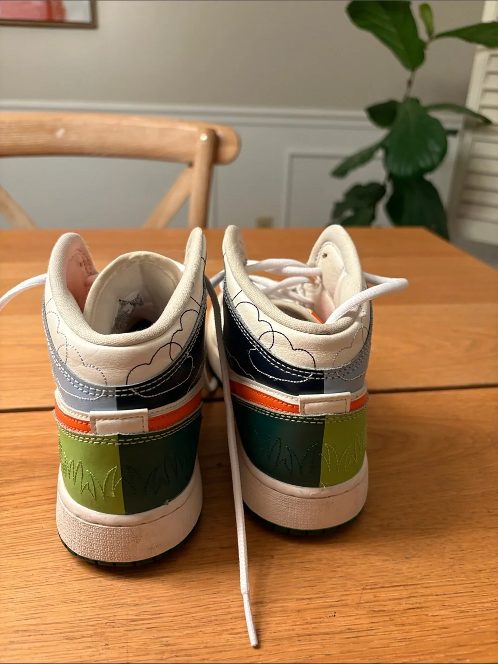 Kids White and Orange Basketball Shoes with Green Accent - Nike High Tops